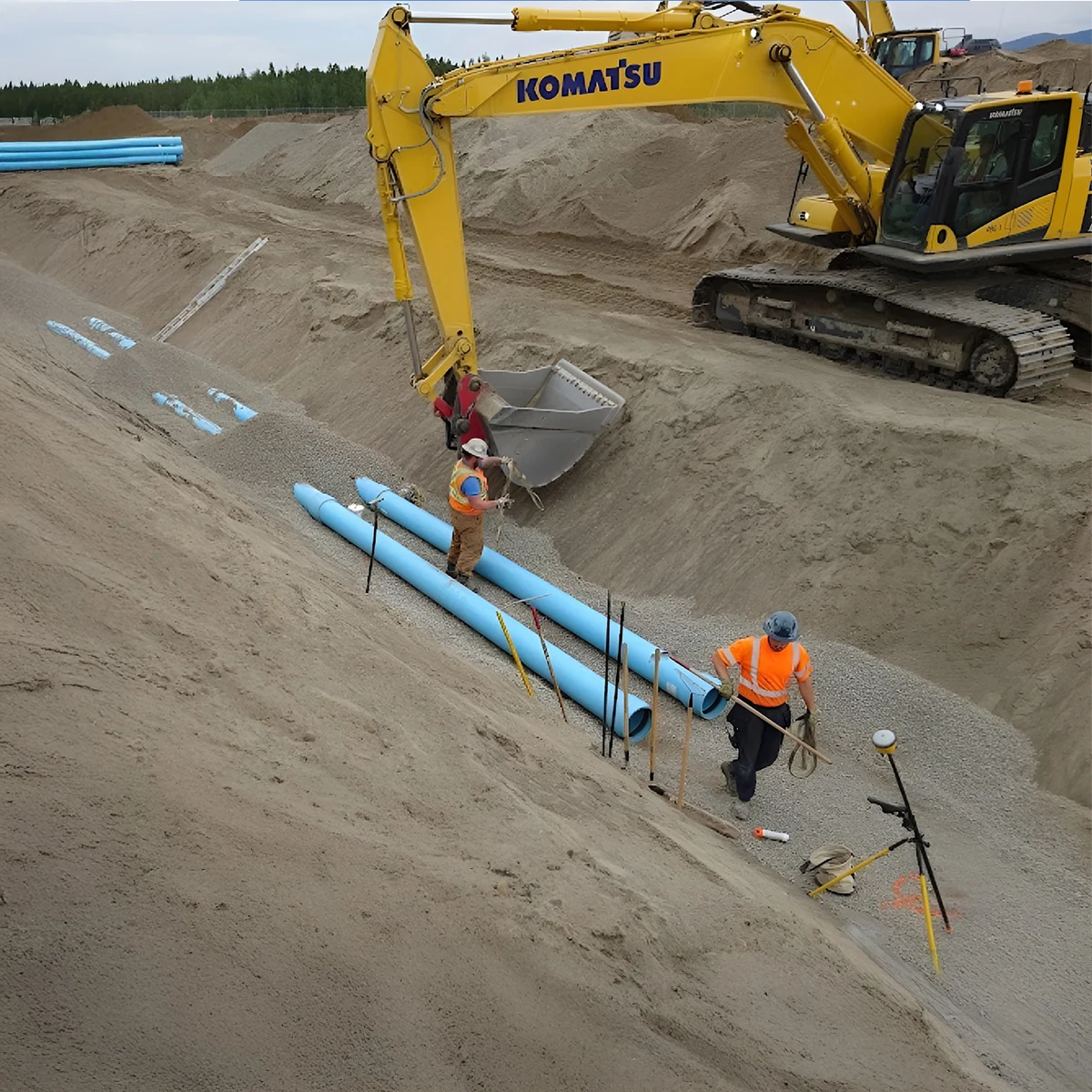 ACL crew installing underground pipe with an excavator at a civil construction site