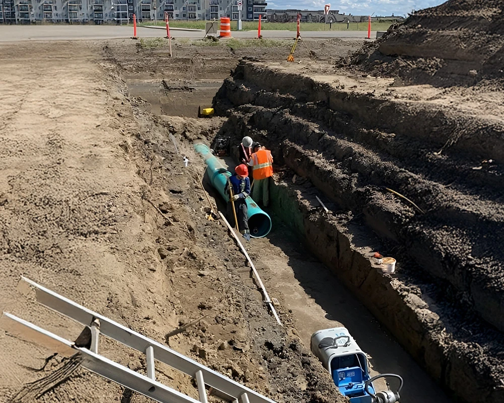Civil construction crew installing a large underground pipe in a trench